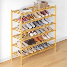 Bamboo Shoe Rack for Closet, 6 Tier Long Wooden Stackable Shoe Organizer, Fre...