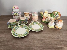 Vintage Child's Dishes 15 Piece Toy Tea Set For Two Piggy Design