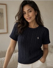 Polo Ralph Lauren Women s Navy Cable-Knit Logo Crewneck Sweater medium