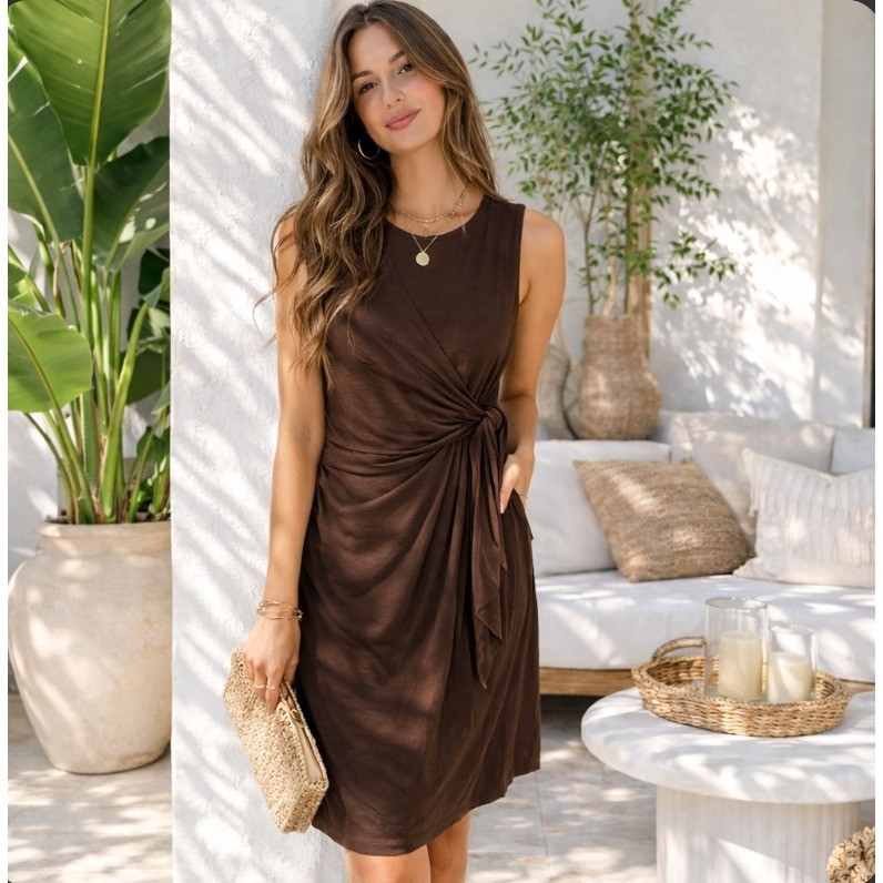 J.Jill Wearever Knit Dress Women Size SP Brown Sleeveless Faux Wrap Tie  Waist