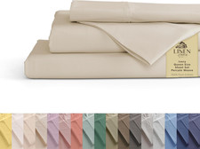 Linen Home 100 Cotton Percale Sheets Queen Size, Ivory, Deep Pocket, 4 Pieces S