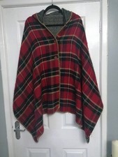 Red Tartan Check PLAID LADIES SZ14 Soft Knit Hooded Cape Shawl Poncho Button Up