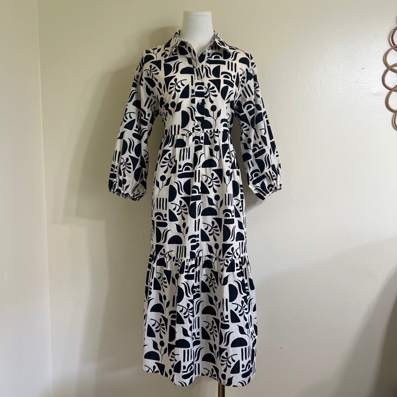 Maeve Anthropologie Black White Abstract Geometric Tiered Cotton Midi Dress SP