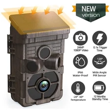 Trail Camera Solar Powered, 24MP 1080P Game Wildlife Camera IR Night Vision