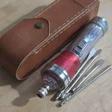 Vintage WT FLASHLIGHT SCREWDRIVER & 4 Screwdriver Heads in Leather Case