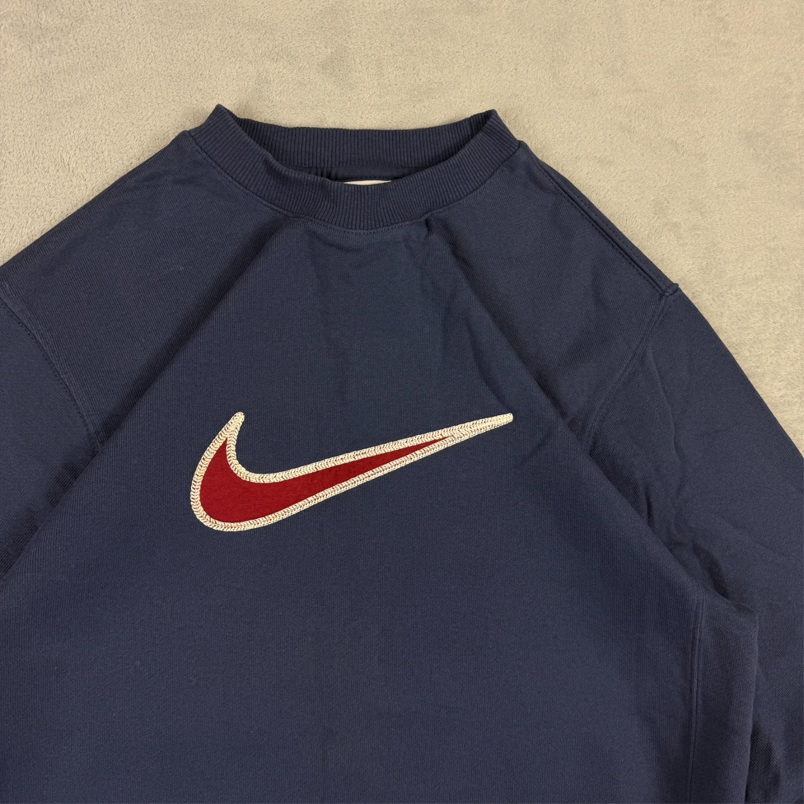 VTG Nike Navy Blue Red Big Swoosh Oversized Heavyweight XS Pullover Sweatshirt image 4