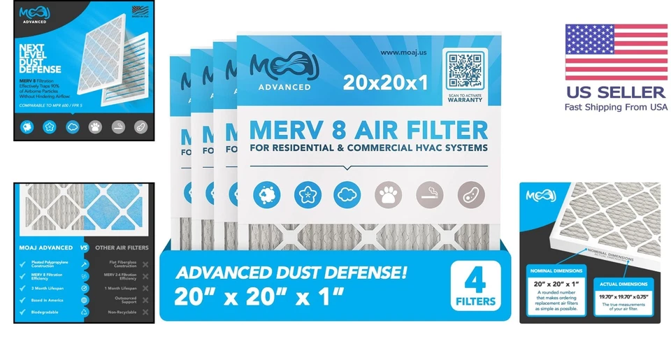 20x20x1 Air Filter 4-Pack | MERV 8 With Electrostatic Filtration - Breathe Clean - Изображение 2 из 4