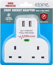 2 Gang Surge Protected Socket Adaptor Extender UK Plug with Dual USB Charging Po