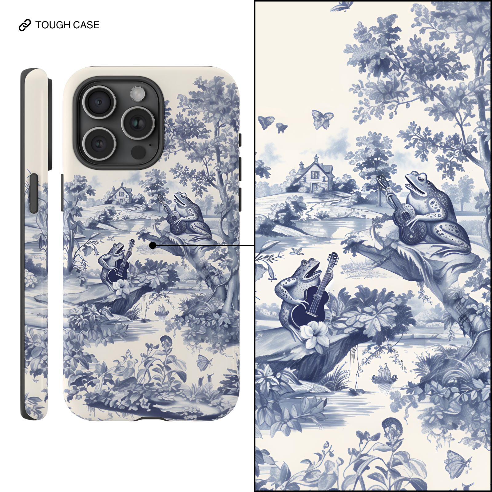 Vintage Style Victorian Toile De Jouy Frog pattern Tough Phone Case Cottagecore