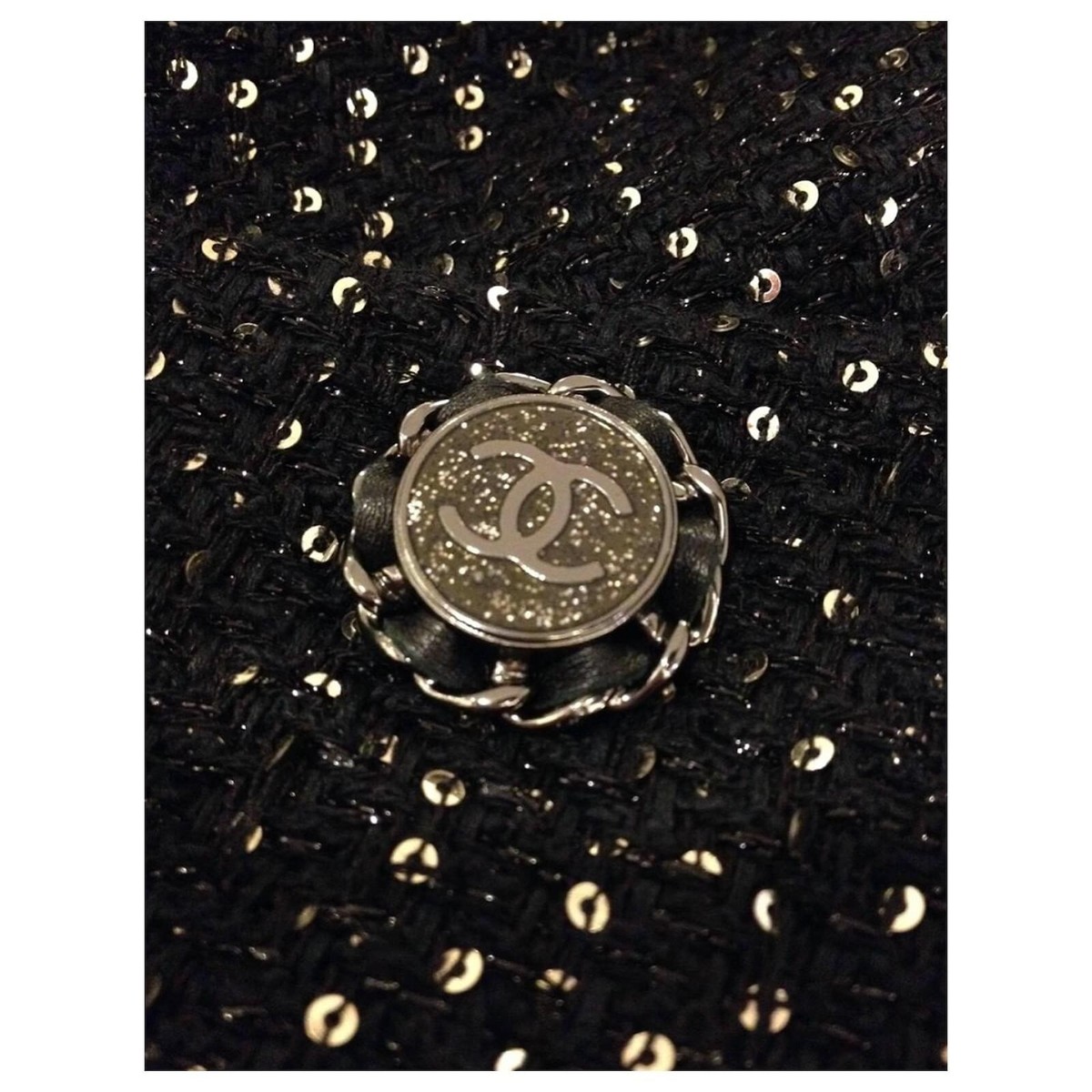 CHANEL 11P TWEED BLACK CC LOGO BUTTON SEQUIN EMBELLISHED BLAZER