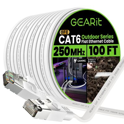 GearIT Cat 6 Outdoor Flat Ethernet Cable (100ft, White) Direct Burial Rated L...
