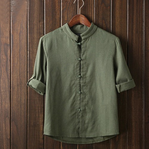 Men Linen Shirt Top Frog Button Roll Up 