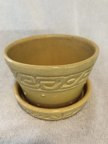 Vintage McCoy Greek Key Violet Pot W/Attached Saucer