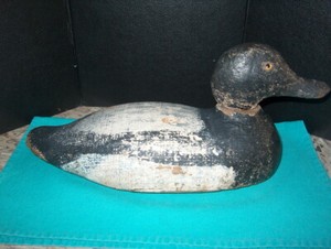 ANITQUE WOODEN DRAKE BLACK DUCK DECOY MARKED K.B. ON THE WEIGHT GLASS EYES "OLD"