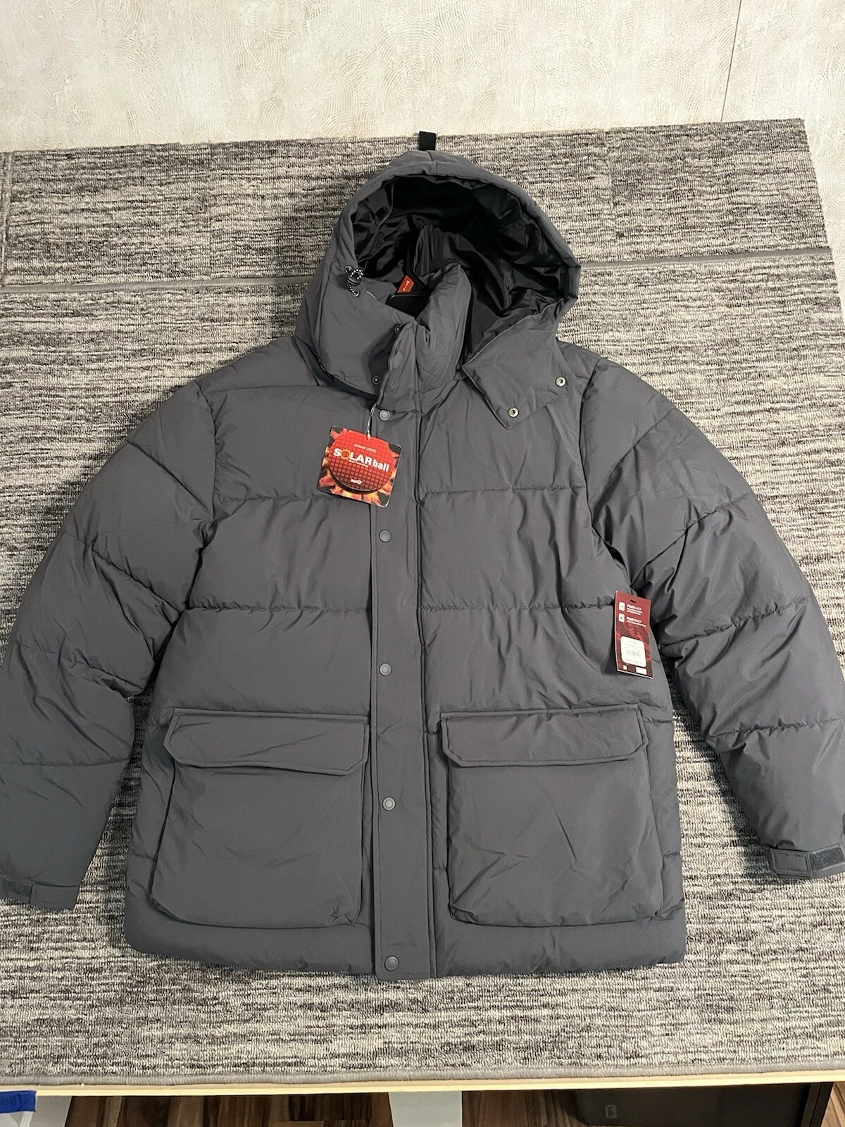 New Swiss Tech Puffer Jacket Coat Ski Snow Outdoor Large Gray Hood Insulated
