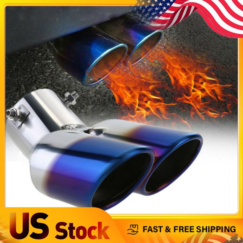Auto Car Muffler Tip Exhaust Dual Pipe Rear Tail Titanium Stainless Steel Blue