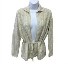 Vintage 70s Gold Metallic Herringbone Knit Cardigan Sweater S/M Cinch Waist EUC