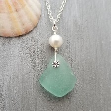 Hawaiian Jewelry Sea Glass Necklace, Aquamarine Necklace Pearl Necklace,