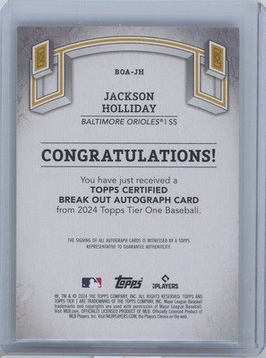2024 Topps Tier One JACKSON HOLLIDAY RC Rookie Auto Green /49 CP 