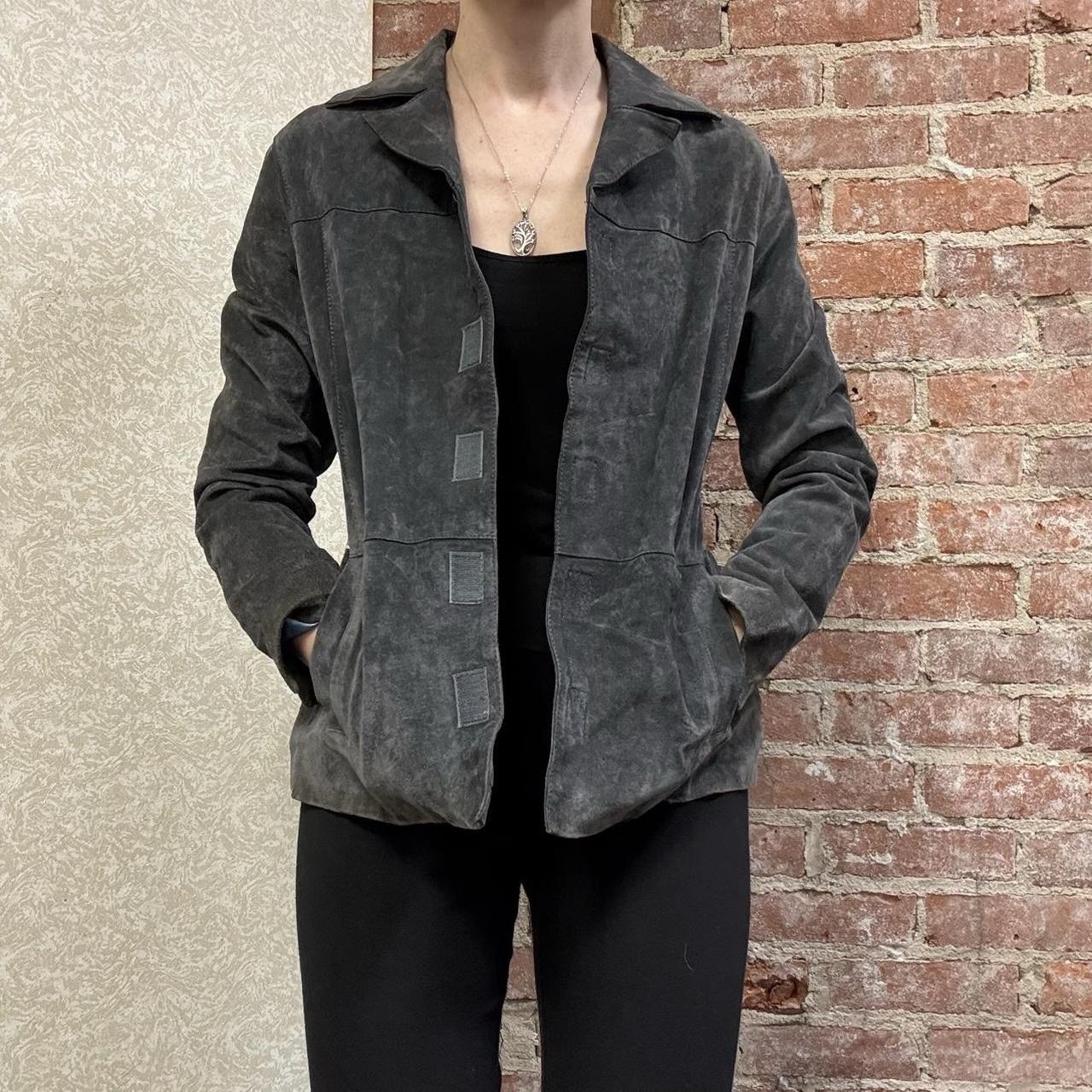 Gray Suede Leather Collared Jacket Roxy Skater Y2… - image 2