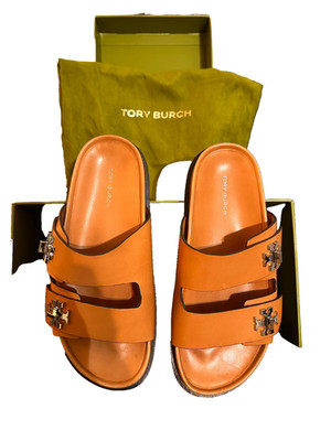 Tory Burch T Lock Sport Slide Sandals Camello Leather Size 7.5 Women w/ Box