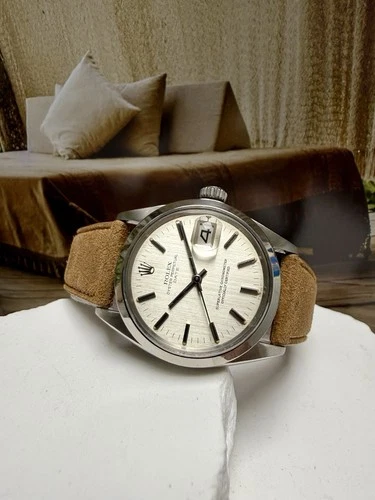 Mens Rolex Oyster Perpetual Date Stainless Steel Silver Linen Dial 34mm Watch