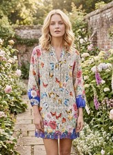 Johnny Was M 100 Silk Tunic Top Blouse Shirt Floral Button Cool Lightweight NEW