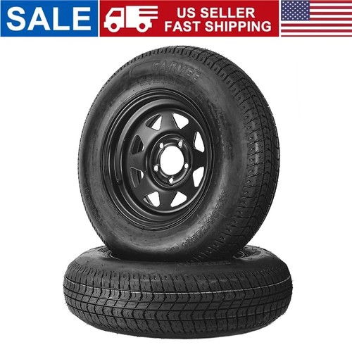 2Pcs ST205/75R14 Trailer Tires On Rims 6-PLY 14" Black Spoke Wheels Load Range C