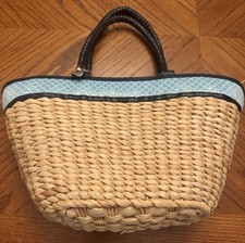 Vintage Straw Studios Woven Top Handle Bag with Braided Handle and Blue Trim