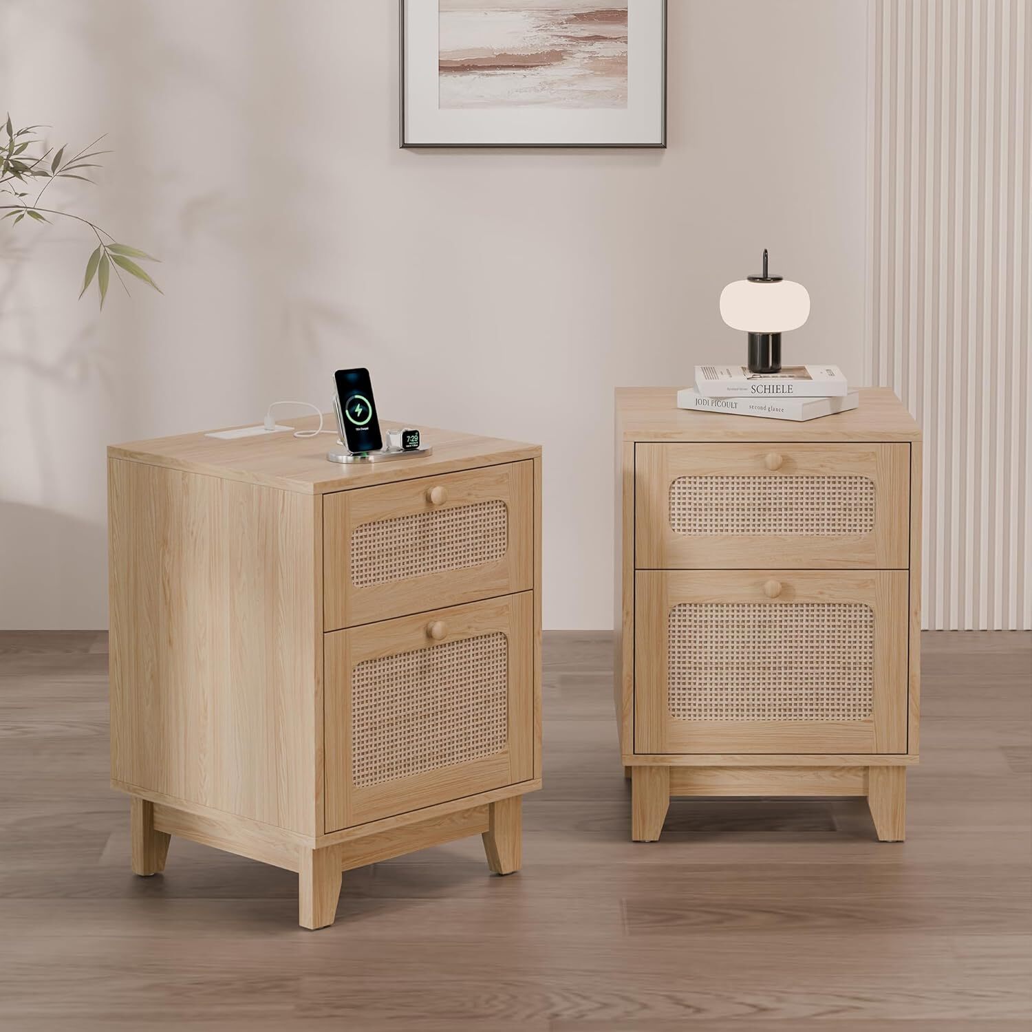 Modern Rattan Nightstand Set of 2, Wicker Rattan Stand with Charge Station,