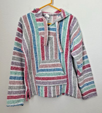 Sandy Women's Striped Multicolored Mexican Baja Hoodie Sweater Drug Rug Pockets