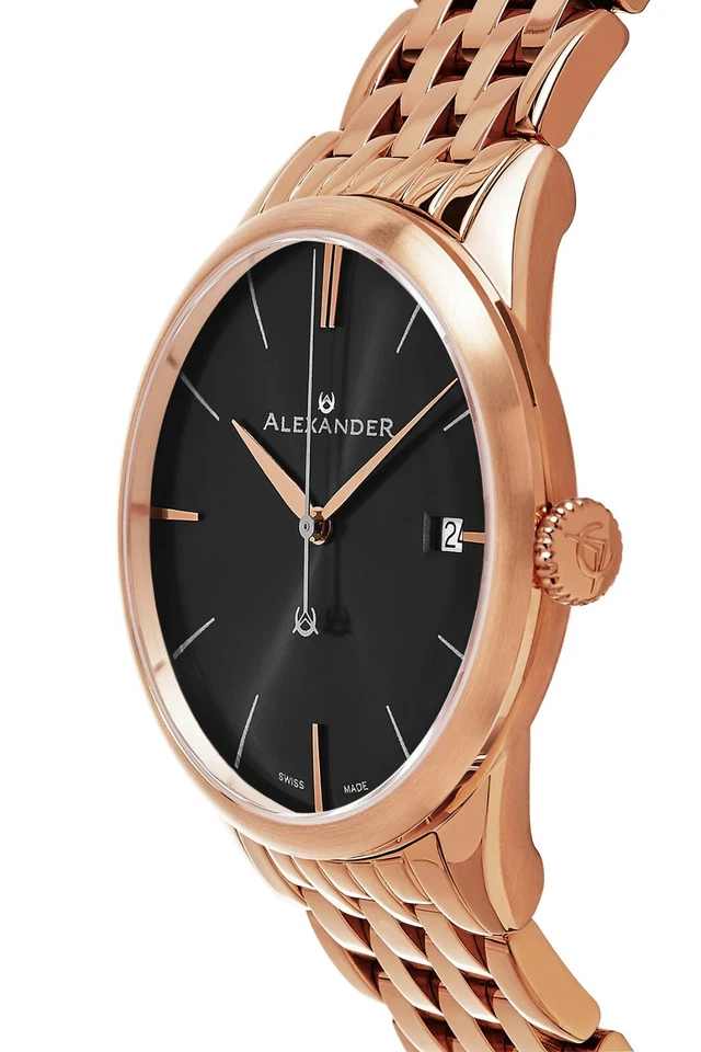 Reloj de cuarzo Alexander para hombre con pulsera de eslabones de acero inoxidable de oro rosa hecho en Suiza Foto 2 de 4
