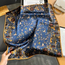 100 Silk Scarf Women Vintage Blue Leaves Kerchief Square Bandana Wrap 68 68cm
