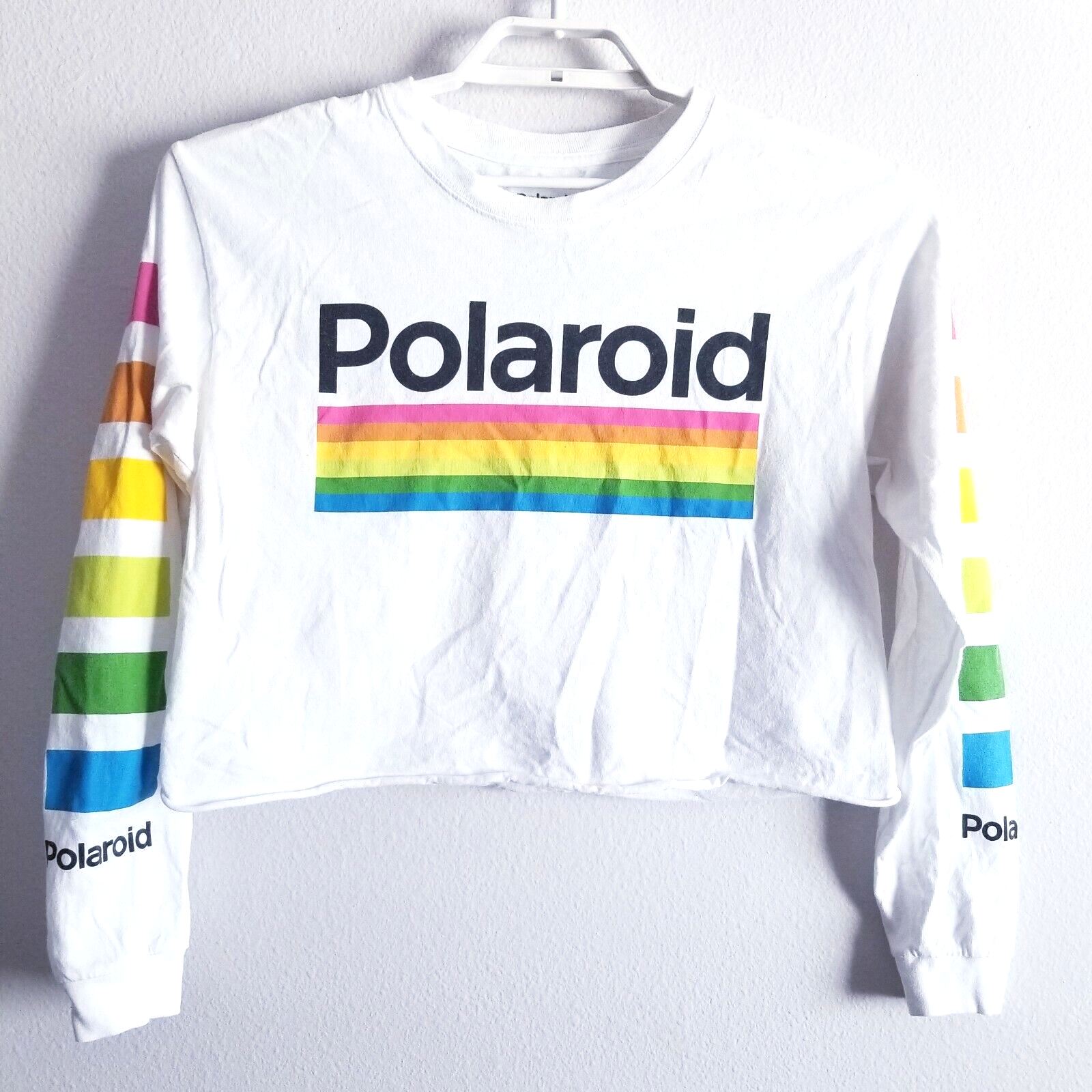 Womens Cropped Polaroid T Shirt Top Retro  MEDIUM Y2K graphic Rainbow Stripes