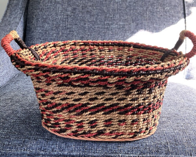 Colorful Handwoven Natural Large Oval Basket w Handles Durable Heavy Preowned