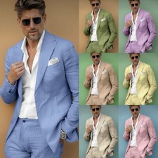 Linen Men's Suits 2 Pieces Summer Casual Peak Lapel Blazer Wedding Groom Tuxedos