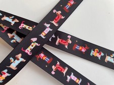 Colorful party dogs on Black Grosgrain ribbon 7/8"