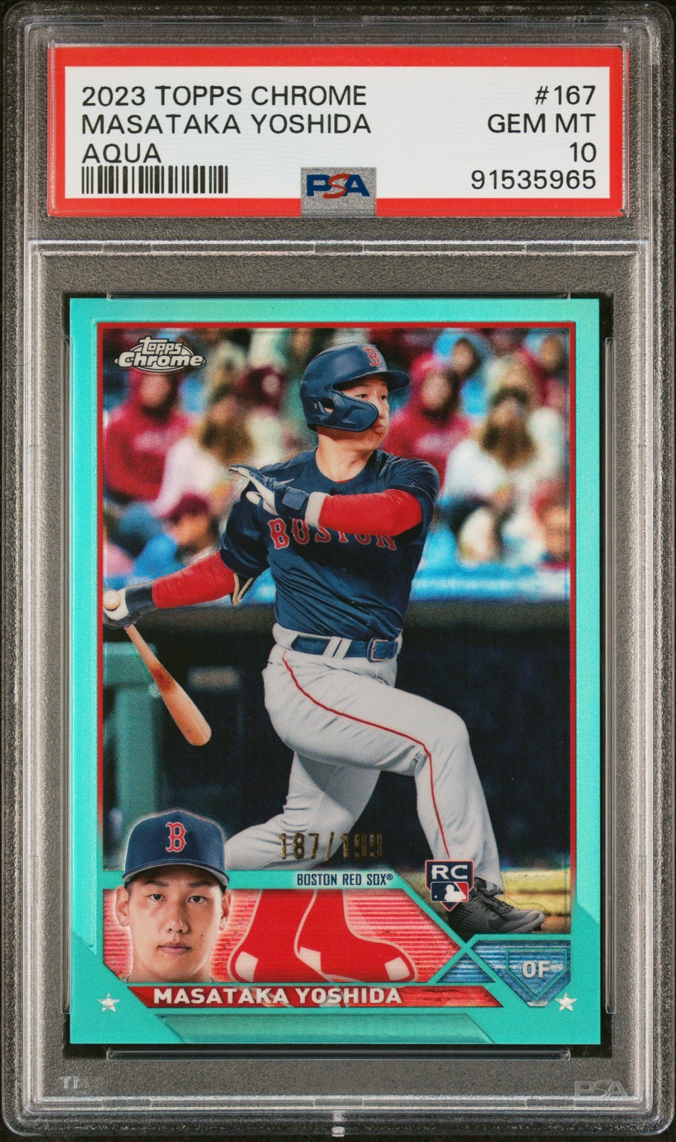 Masataka Yoshida 2023 Topps Chrome #167 Aqua Refractor RC /199 PSA 10