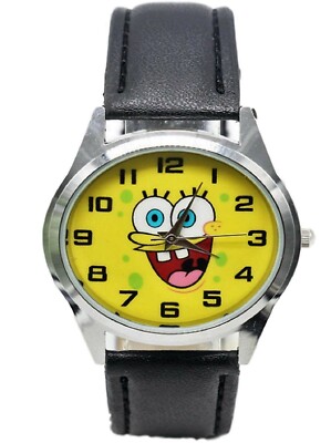 Sponge Cartoon Bob Round Face Black Leather Band Wrist Watch