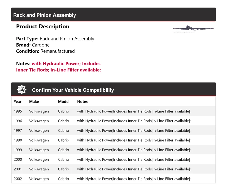 Стойка и шестерня в сборе Cardone для Volkswagen Cabrio 1995-2002 годов выпуска 1996 1997 1998 годов выпуска - Изображение 2 из 4