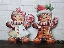 Christmas Gingerbread Boy  Girl Metal Wall Hanging Sign Santa Hat Bow 2 Pc NEW