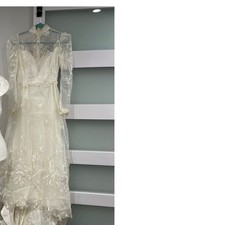 Vintage 80s Victorian Revival Wedding Dress Ivory High Neck Sheer Lace Illusion