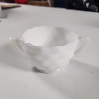 VTG White Milk Glass Open Sugar Bowl Double Handle Cube Cut  Estate