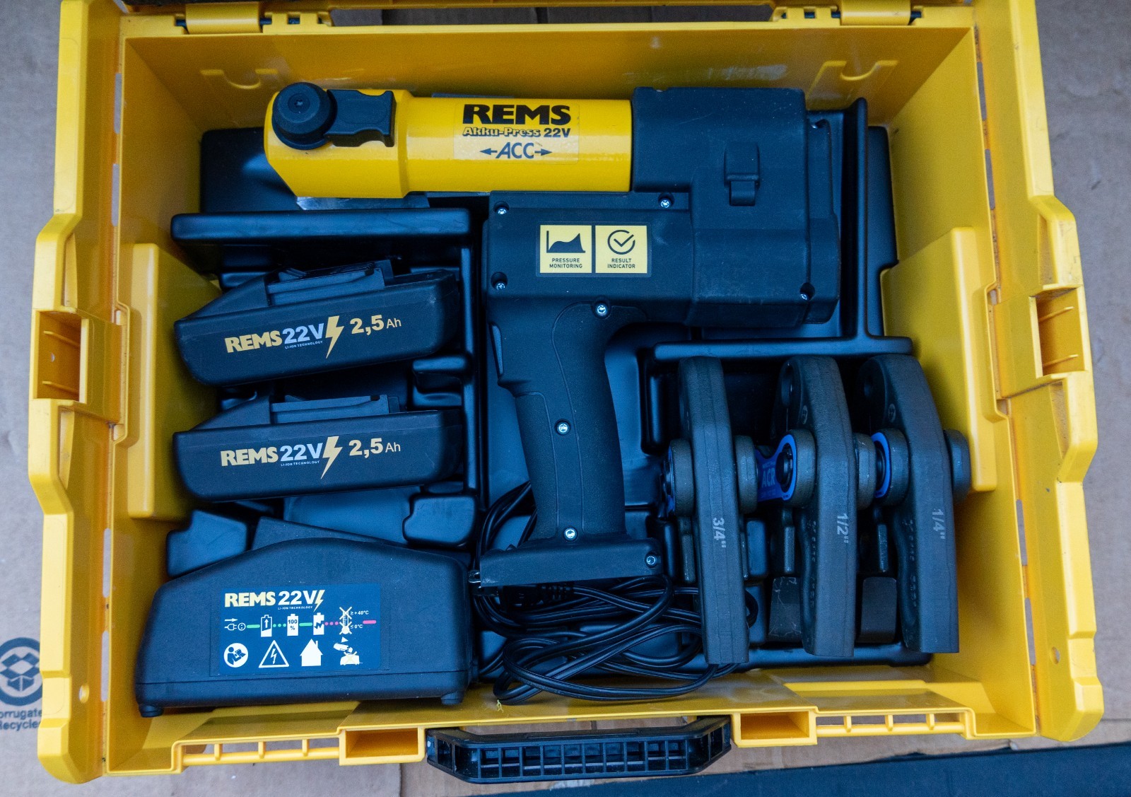 REMS Akku-Press 22V ACC 576013 Press Tool Kit With 3 NIBCO ACR Jaws 1/4 1/2 3/4