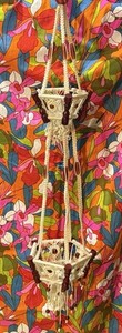 Vintage 70s White Macrame double plant hanger Beads Boho Chic Groovy Hippie