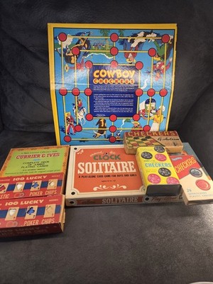 Vintage Toy Lot Cowboy Checkers Around Clock Solitaire Poker Chips Currier Ives