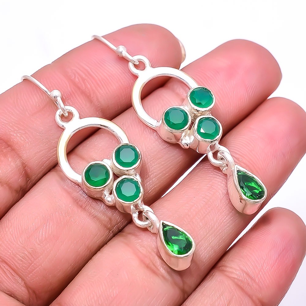 Simulated Emerald 925 Sterling Silver Dangle Earrings 1.95 Inch E80113625