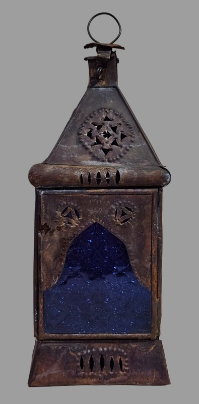 Vintage 15” Moroccan Candle Lantern Brown With Blue Decorative