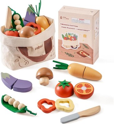 ROBUD Holzspielzeug Lebensmittel Set, Gemüse Schneiden Kinderküche Zubehör Sp