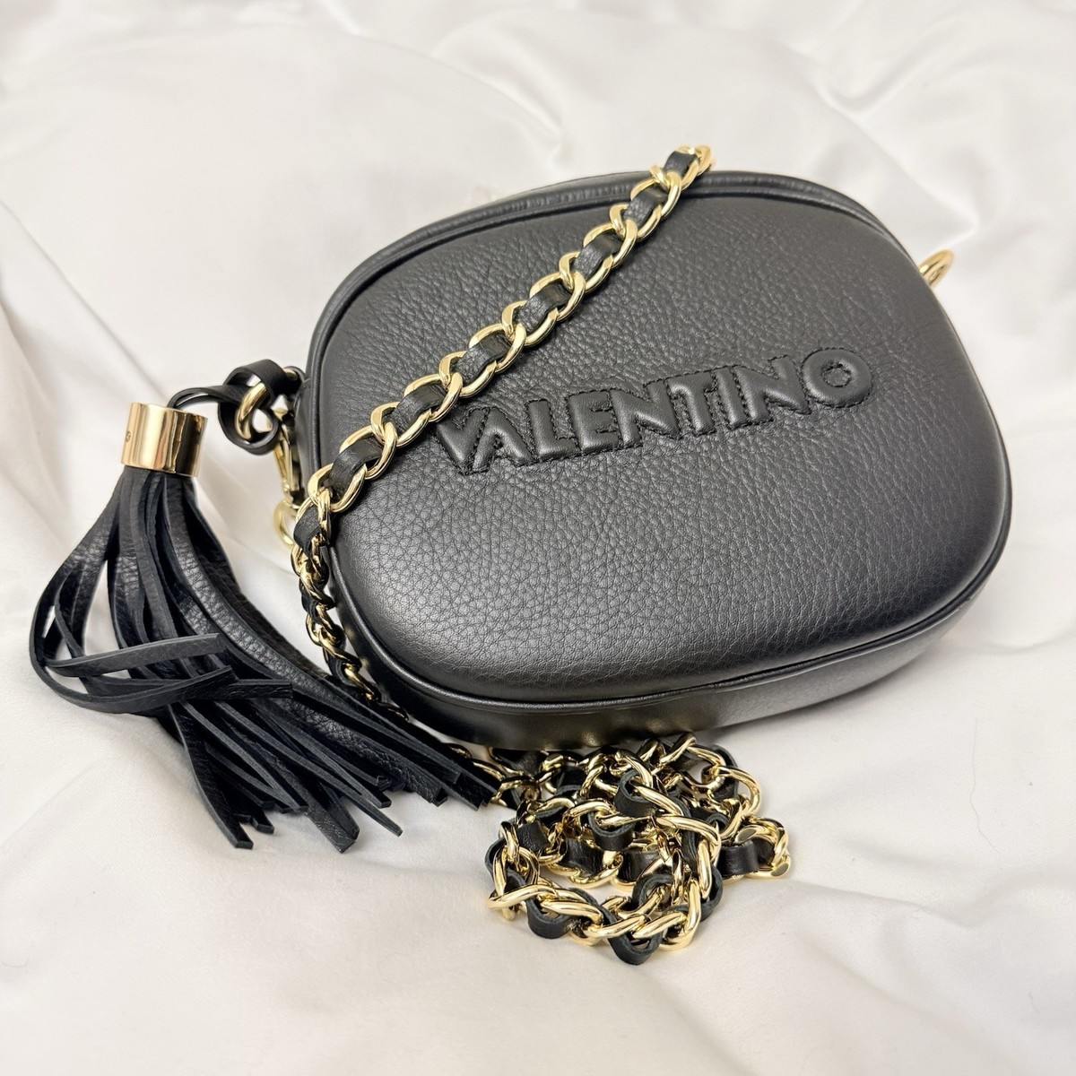 Mario Valentino Black Shoulder Bag with Chain Strap and Tassel for